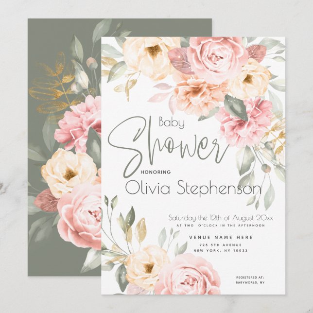 Invitación Rubor Pink and Ivory Floral Baby Shower (Anverso / Reverso)