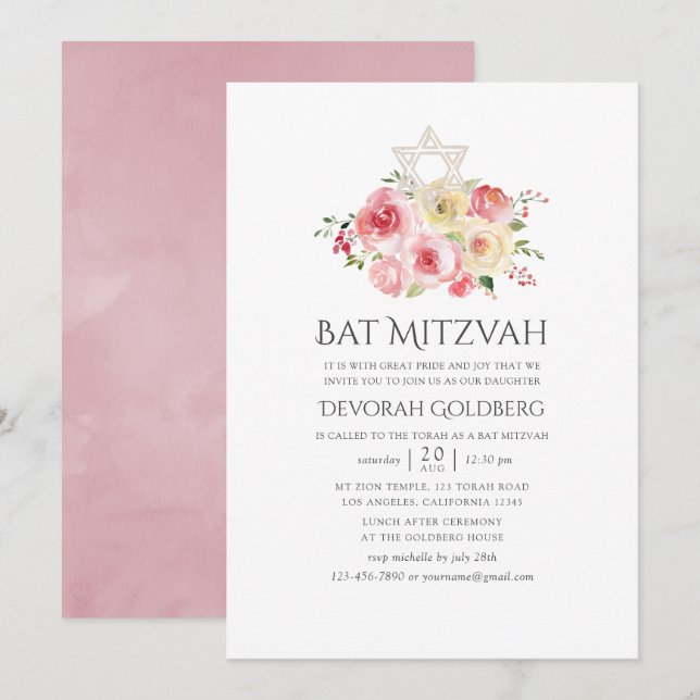Invitación Rubor Pink and Yellow Floral Bat Mitzvah (Anverso / Reverso)