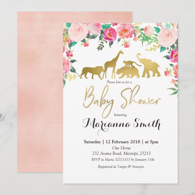 Invitación Rubor Pink Animal Baby Shower (Anverso / Reverso)