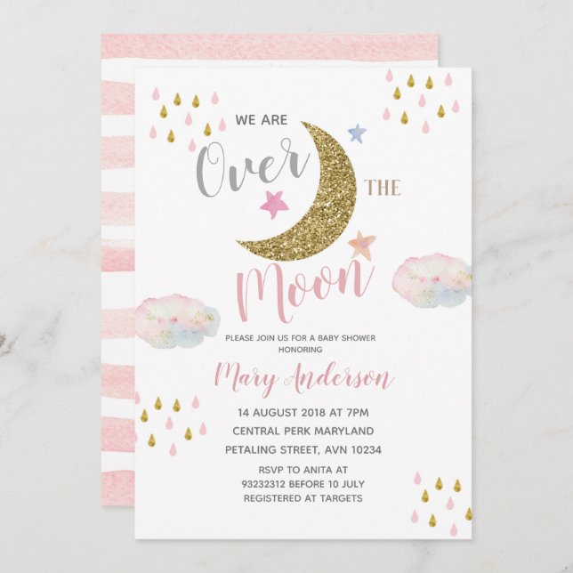 Invitación Rubor Pink Baby Shower lunar (Anverso / Reverso)