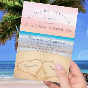 Invitación Rubor Pink Beach 2 Hearts in Sand Bridal Shower