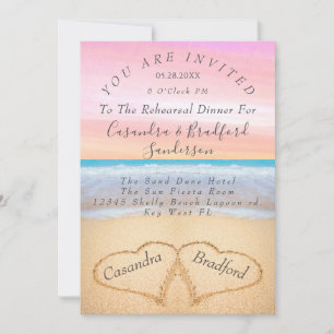 Invitación Rubor Pink Beach 2 Hearts Sand Rehearsal Dinner