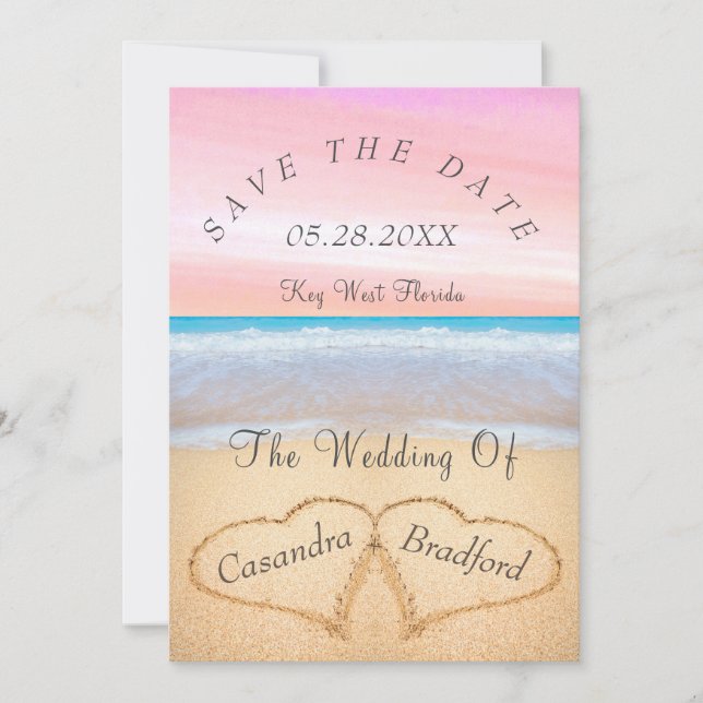 Invitación Rubor Pink Beach Wedding 2 Hearts Sand Boda (Anverso)