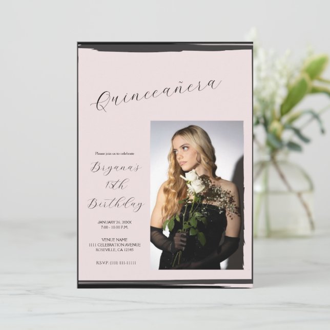 Invitación Rubor Pink & Black Photo Trendy Quinceañera modern (Anverso de pie)