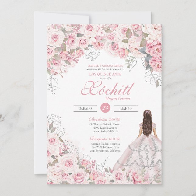 Invitación Rubor Pink Blossom Elegante Quinceanera (Anverso)