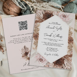 Invitación Rubor Pink Boho Pampas Grass QR Code RSVP Boda