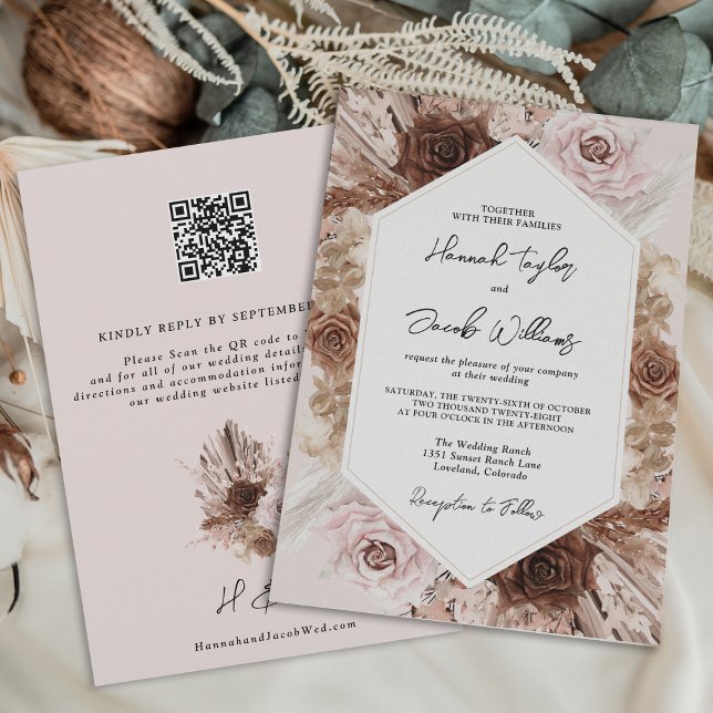 Invitación Rubor Pink Boho Pampas Grass QR Code RSVP Boda (Subido por el creador)