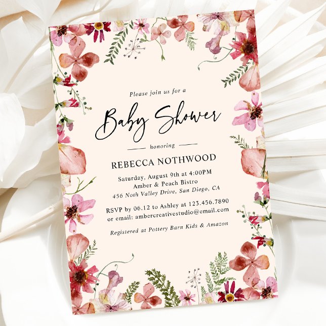Invitación Rubor Pink Boho presionó a la bebé floral (Subido por el creador)