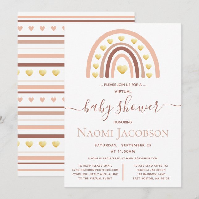 Invitación Rubor Pink Boho Rainbow Baby Shower (Anverso / Reverso)