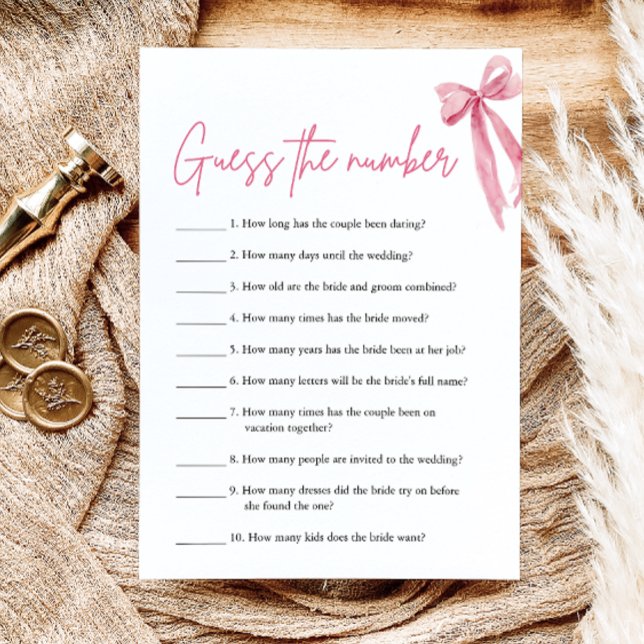Invitación Rubor Pink Bow adivina el juego de la ducha nupcia (Blush Pink Bow Guess the Number Bridal Shower Game)