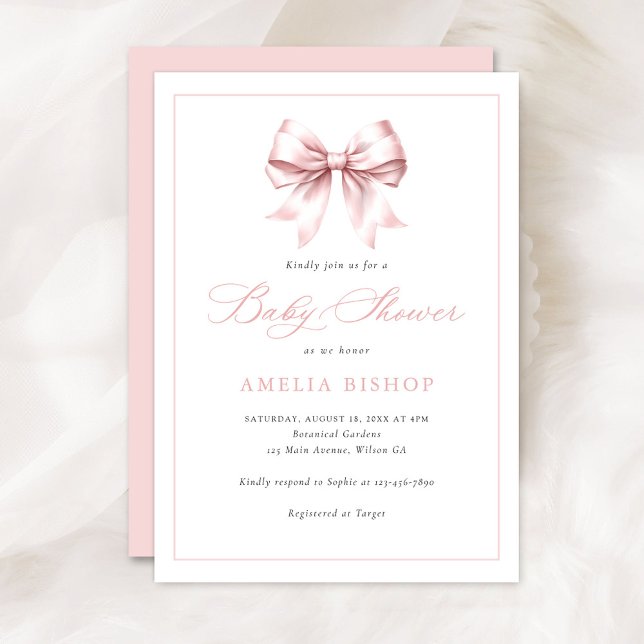 Invitación Rubor Pink Bow Baby Girl Elegant Baby Shower (Subido por el creador)