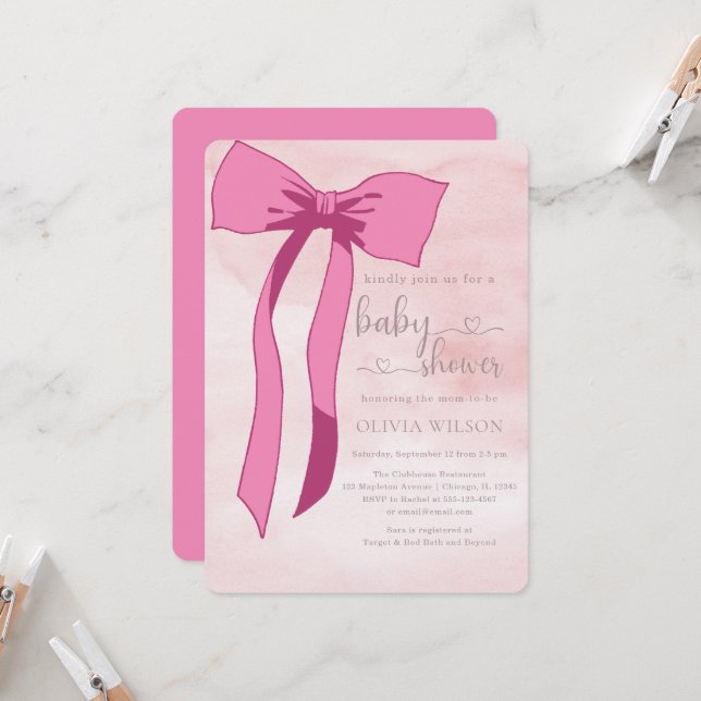 Invitación Rubor Pink Bow Baby Shower minimalista (Anverso/Reverso In Situ)