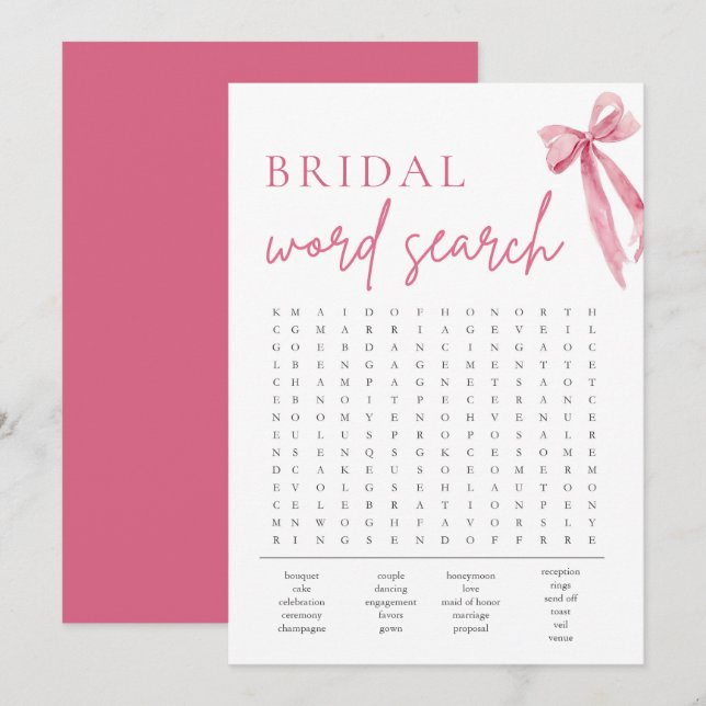 Invitación Rubor Pink Bow Bridal Shower Word Search Game (Anverso / Reverso)