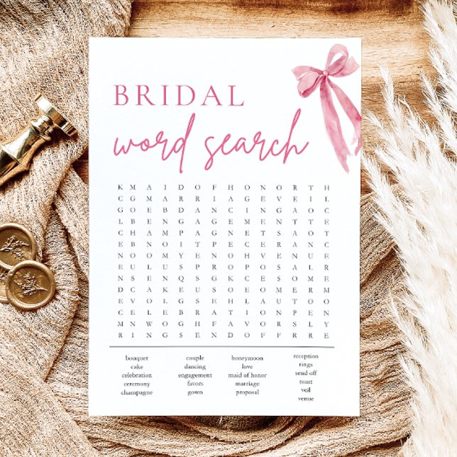 Invitación Rubor Pink Bow Bridal Shower Word Search Game (Blush Pink Bow Bridal Shower Word Search Game)