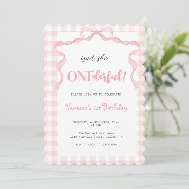 Invitación Rubor Pink Bow Coquette Maravilloso primer cumplea (Anverso de pie)