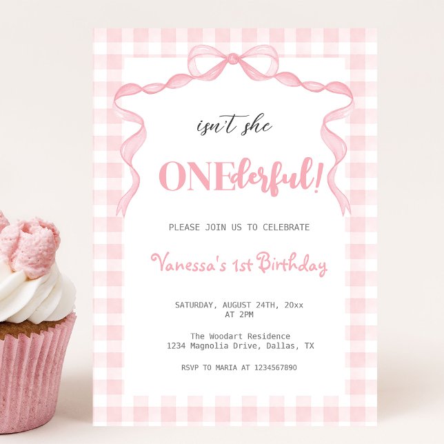 Invitación Rubor Pink Bow Coquette Maravilloso primer cumplea (Subido por el creador)