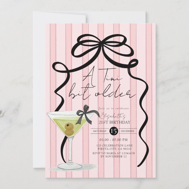 Invitación Rubor Pink Bow Coquette Olive Martini Cumpleaños (Anverso)