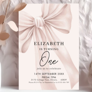 Invitación Rubor Pink Bow Elegant First Birday Party