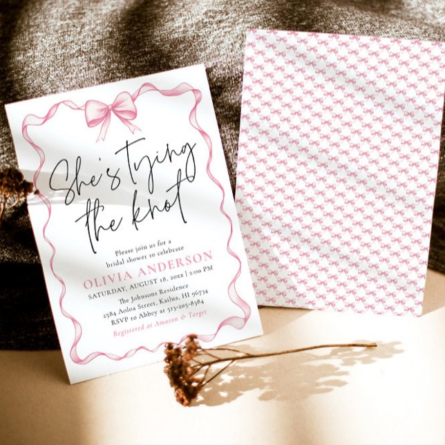 Invitación Rubor Pink Bow ella está atando la ducha nupcial (Watercolor Modern Cute Blush Pink Bow Ribbon Coquette She's Tying the Knot Bridal Shower Invitation)