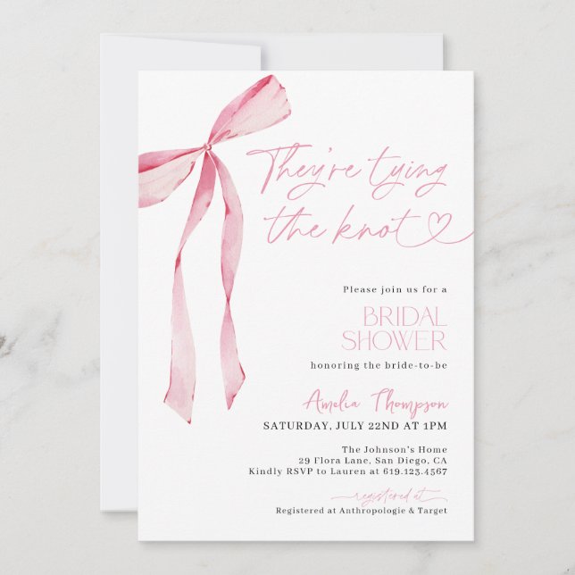 Invitación Rubor Pink Bow está atando la ducha nupcial (Anverso)