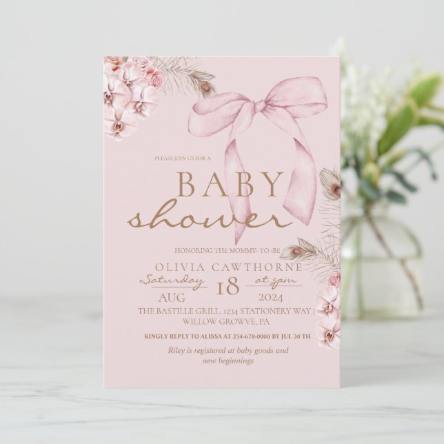 Invitación Rubor Pink Bow Floral Baby Shower (Anverso de pie)