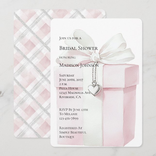 Invitación Rubor Pink Bow Gift Heart Charm Bridal Shower (Anverso / Reverso)
