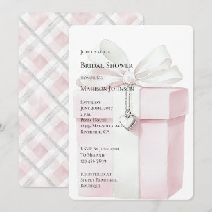 Invitación Rubor Pink Bow Gift Heart Charm Bridal Shower