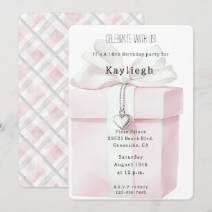 Invitación Rubor Pink Bow Gift Heart Charm Cumpleaños