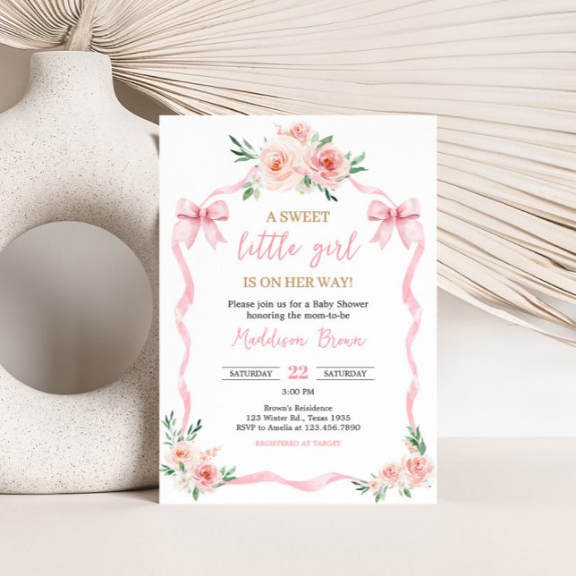 Invitación Rubor Pink Bow Little Girl Baby Shower (Pink Floral Bow Little Girl Baby Shower Invitation)
