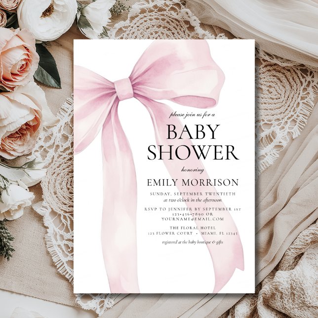 Invitación Rubor Pink Bow Moderno Chica Baby Shower (Subido por el creador)