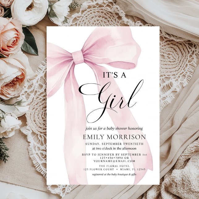 Invitación Rubor Pink Bow moderno es un Baby Shower Chica (Subido por el creador)