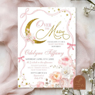 Invitación Rubor Pink Bow Over The Moon Chica Baby Shower