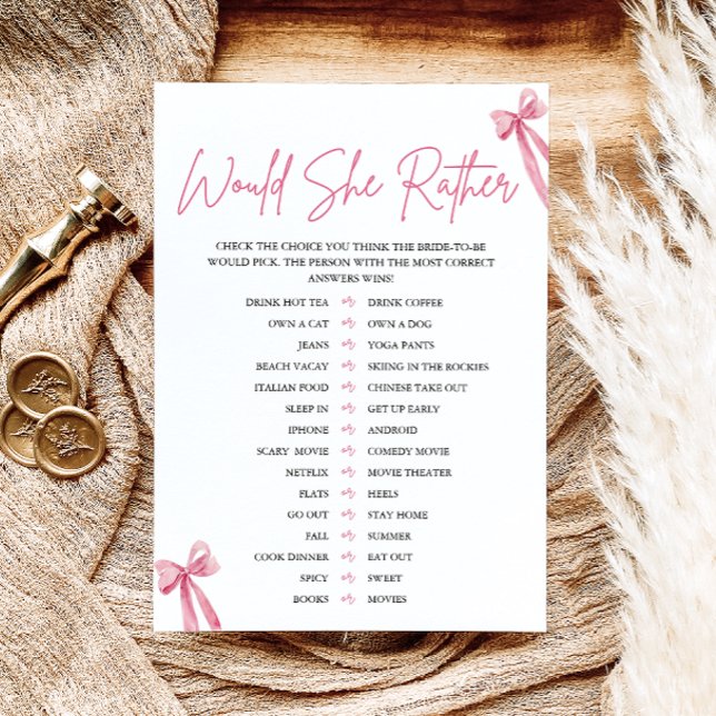 Invitación Rubor Pink Bow Prefiere Un Juego De Ducha De Novia (Blush Pink Bow Would She Rather Bridal Shower Game)