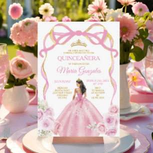 Invitación Rubor Pink Bow Princess Gold Crown Quinceañera