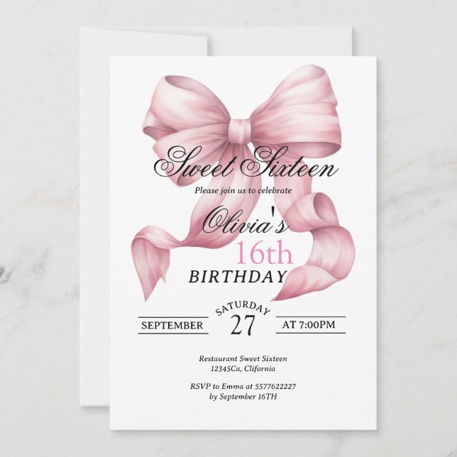 Invitación Rubor Pink Bow Sweet Dieciséis Cumpleaños (Anverso)