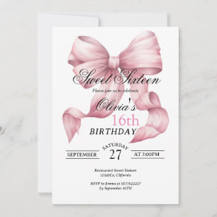 Invitación Rubor Pink Bow Sweet Dieciséis Cumpleaños