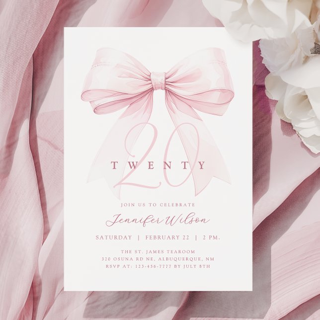 Invitación Rubor Pink Bow Twenty Cumpleaños (Subido por el creador)