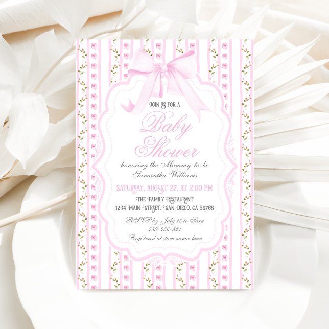 Invitación Rubor Pink Bows Floral Elegante Chica Baby Shower (Subido por el creador)