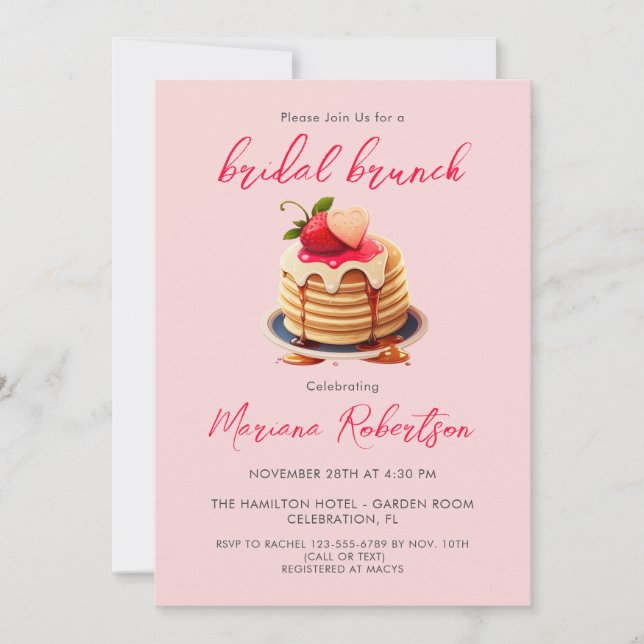 Invitación Rubor Pink Bridal Brunch Pancakes Bridal Shower (Anverso)