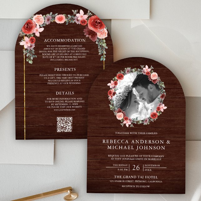 Invitación Rubor Pink Burgundy Floral Arch Photo Wood Boda (Subido por el creador)