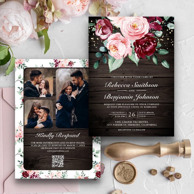 Invitación Rubor Pink Burgundy Floral QR Code Wood Boda (Subido por el creador)