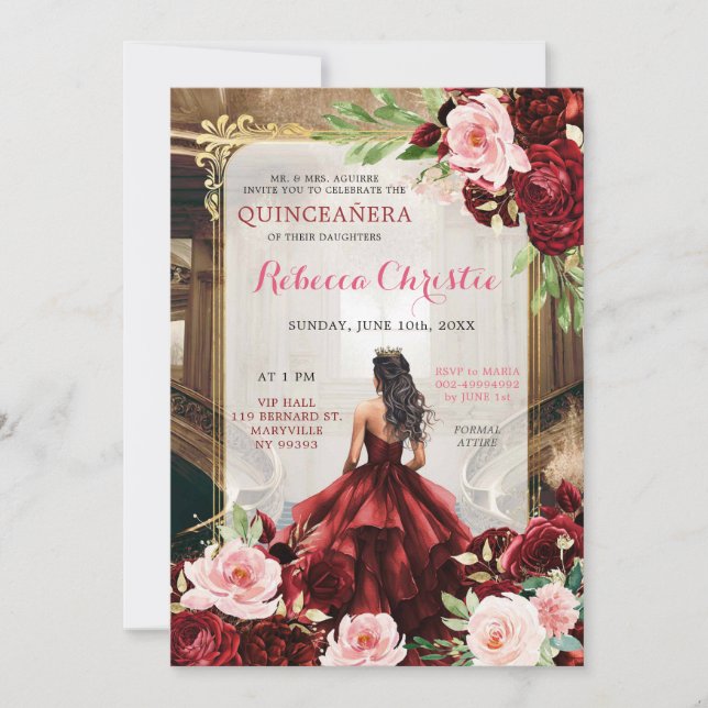 Invitación Rubor Pink Burgundy Red Floral Quinceañera (Anverso)