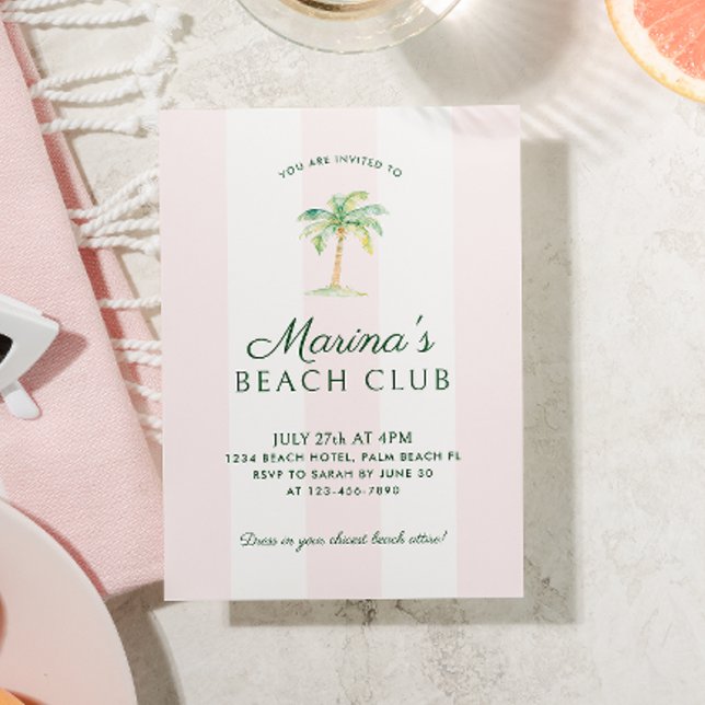 Invitación Rubor Pink Cabana Stripes Palm Beach Club Cumpleañ (Subido por el creador)