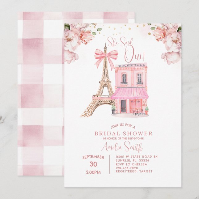 Invitación Rubor Pink Cafe Paris Bow Eiffel Bridal Shower (Anverso / Reverso)