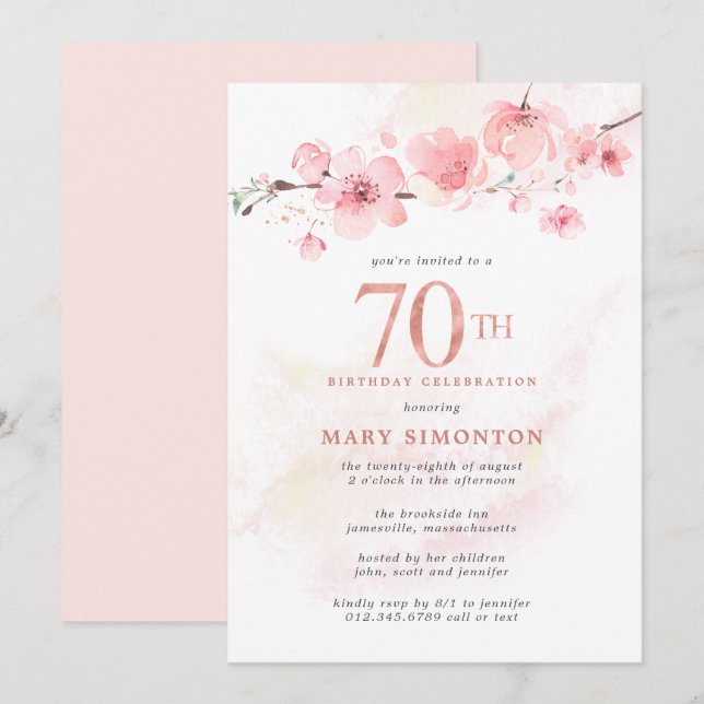 Invitación Rubor Pink Cherry Blossom 70 cumpleaños (Anverso / Reverso)