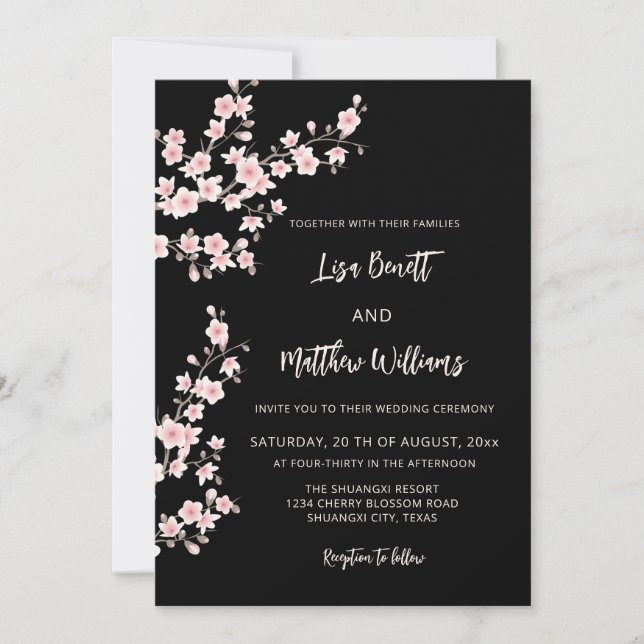 Invitación Rubor Pink Cherry Blossom Black (Anverso)