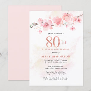 Invitación Rubor Pink Cherry Blossom Cumpleaños 80