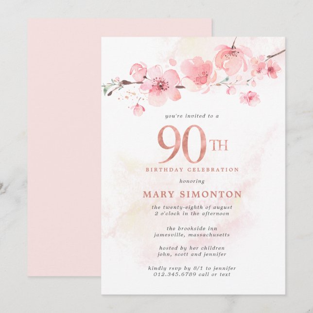 Invitación Rubor Pink Cherry Blossom cumpleaños 90 (Anverso / Reverso)