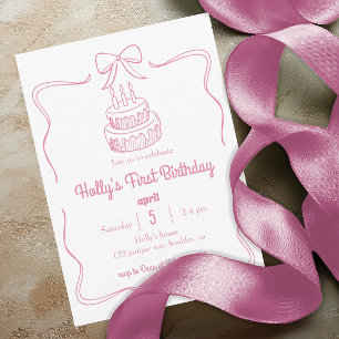 Invitación Rubor Pink Coquette Bow Primer Pastel de Cumpleaño