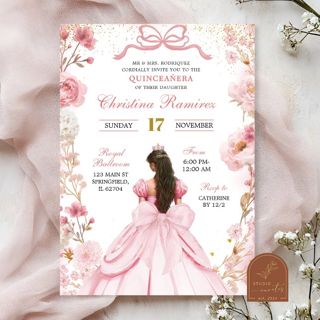 Invitación Rubor Pink Coquette Bow Princess Quinceanera (Subido por el creador)